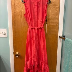 Calvin Klein 8 Dress,Sleeveless Coral Red Tie Waist Ruffled hi-low NWT $129